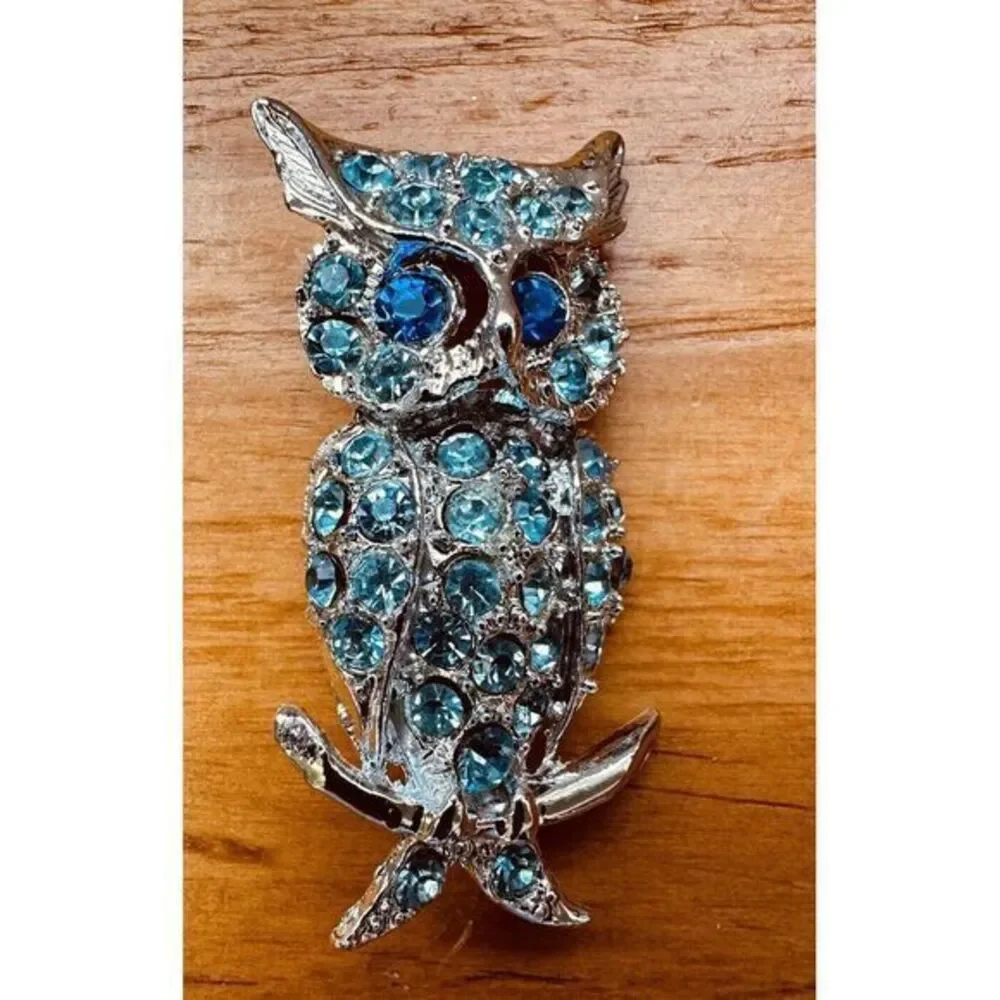 Vintage Silver-tone Baby Blue Rhinestone Owl Pin Brooch Blue Eyes Set‎ Of Two